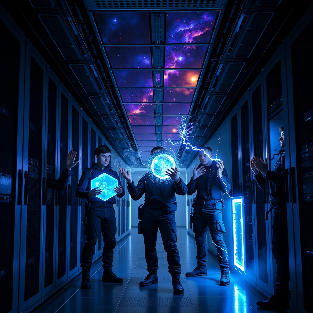 Vier Mitglieder des Viel-&-Glück-Teams im Maschinenraum, umgeben von leuchtenden Arbeitspartner-Energien